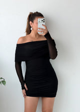 Size XS-M Black Off Shoulder Ruched Bodycon Mini Dress