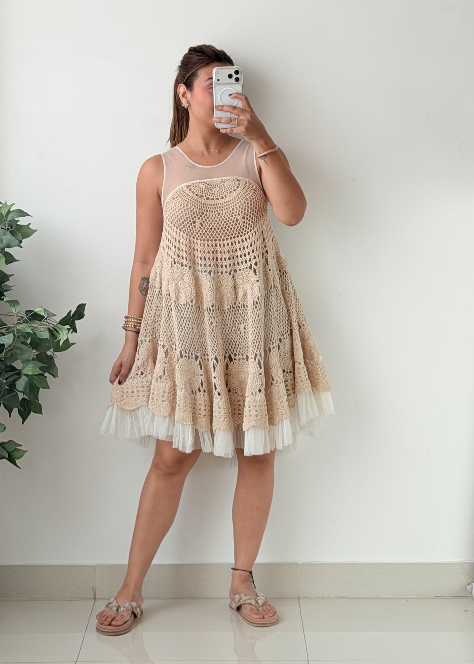 Size S-M Beige Crochet Lace Fit-and-Flare Dress