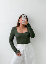 Size M-L Dark Green Square Neck Top
