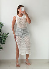Size S-M White Open-Knit Crochet Midi Dress