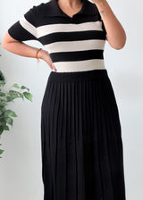 Size L-XL Black White Striped Polo Collar Pleated Midi Dress