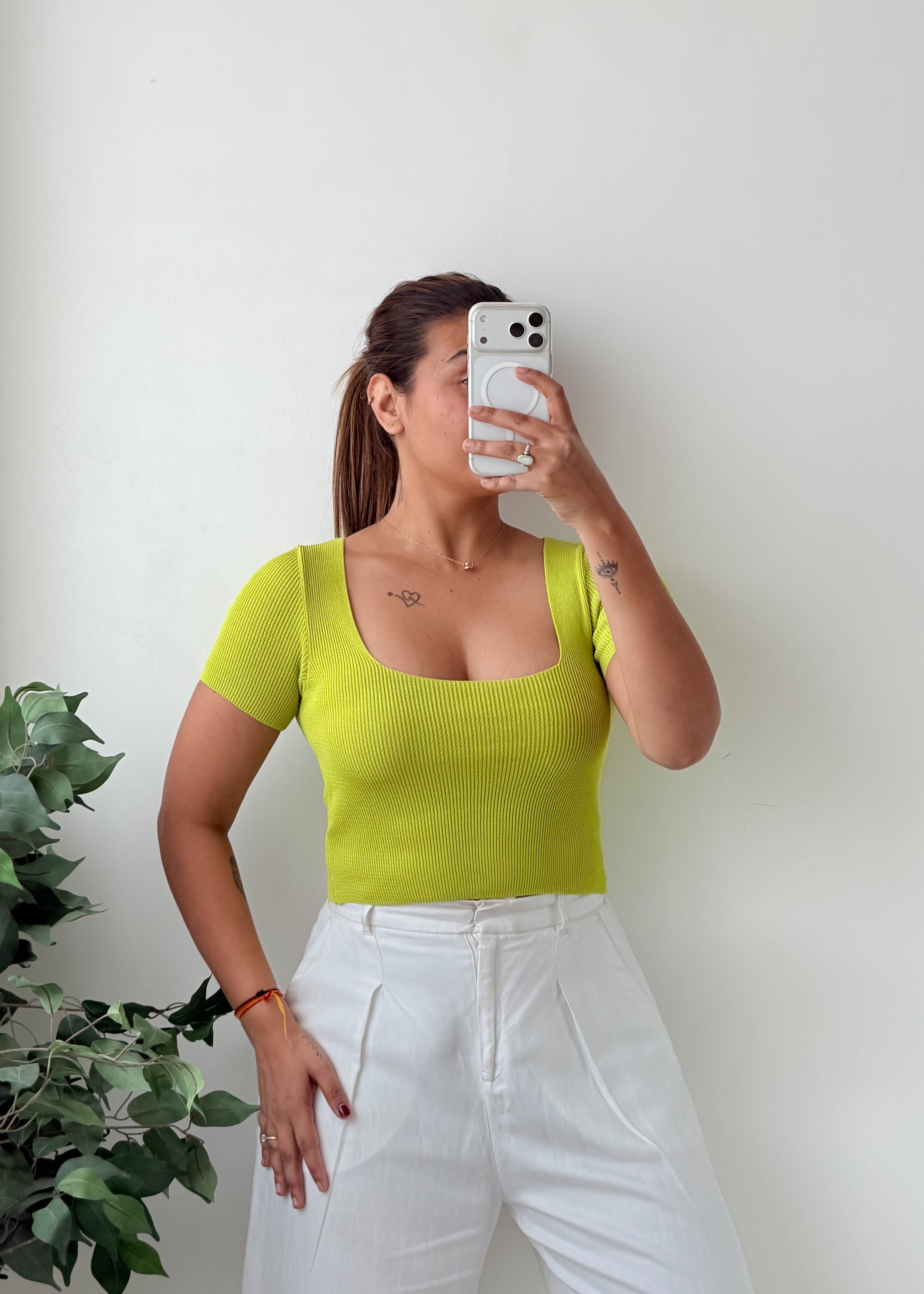 Size S-M Lime Green Square Neck Top