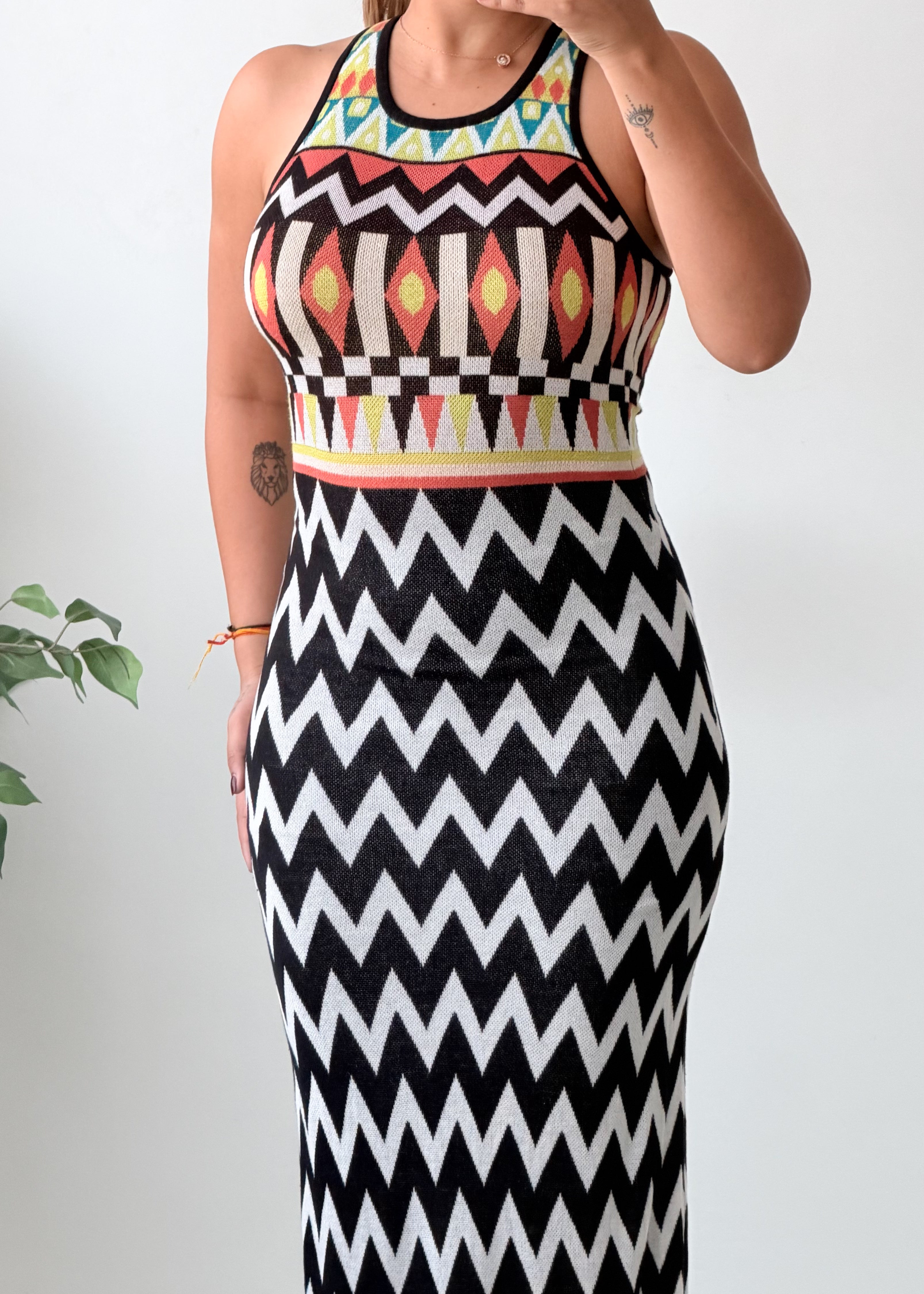 Size S-M Black White Geometric Printed Halter Neck Maxi Dress