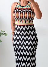 Size S-M Black White Geometric Printed Halter Neck Maxi Dress
