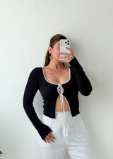 Size M-L Black Contrast Tie-Front Ribbed Top
