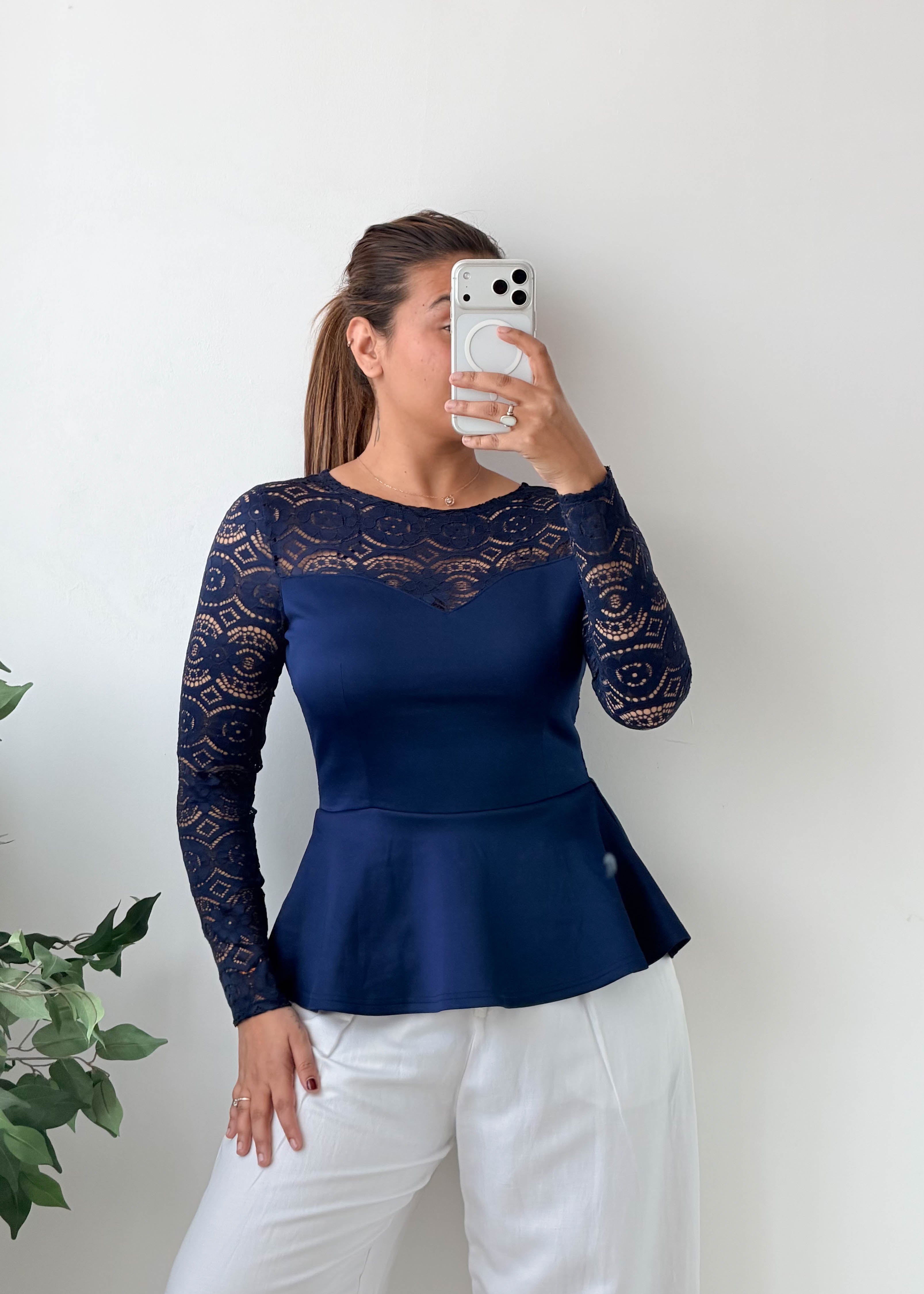 Size S-M Navy Blue Lace Peplum Top