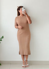 Size M-L Beige Checked Bodycon Midi Dress