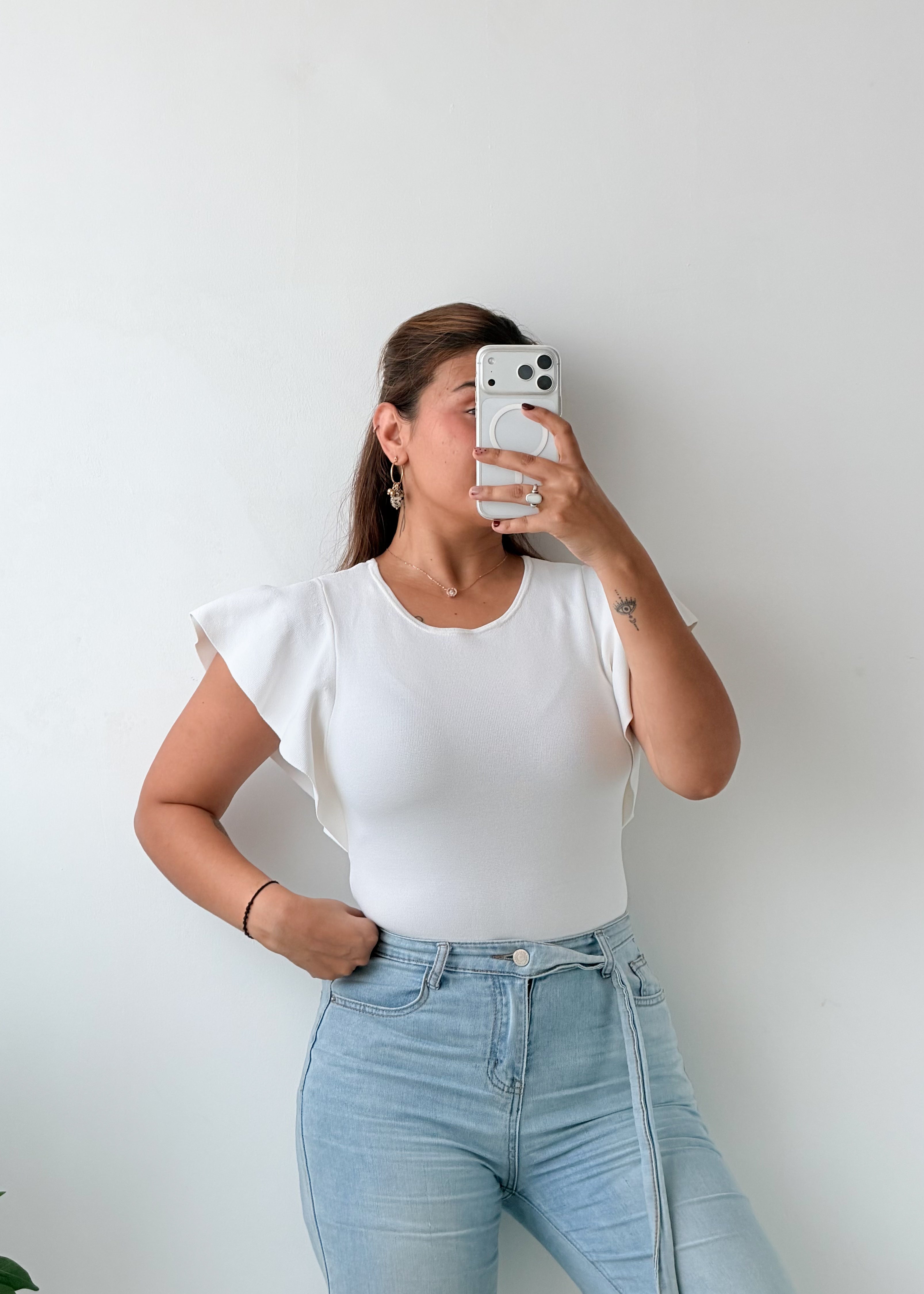 Size S-M White Ruffle Sleeve Top