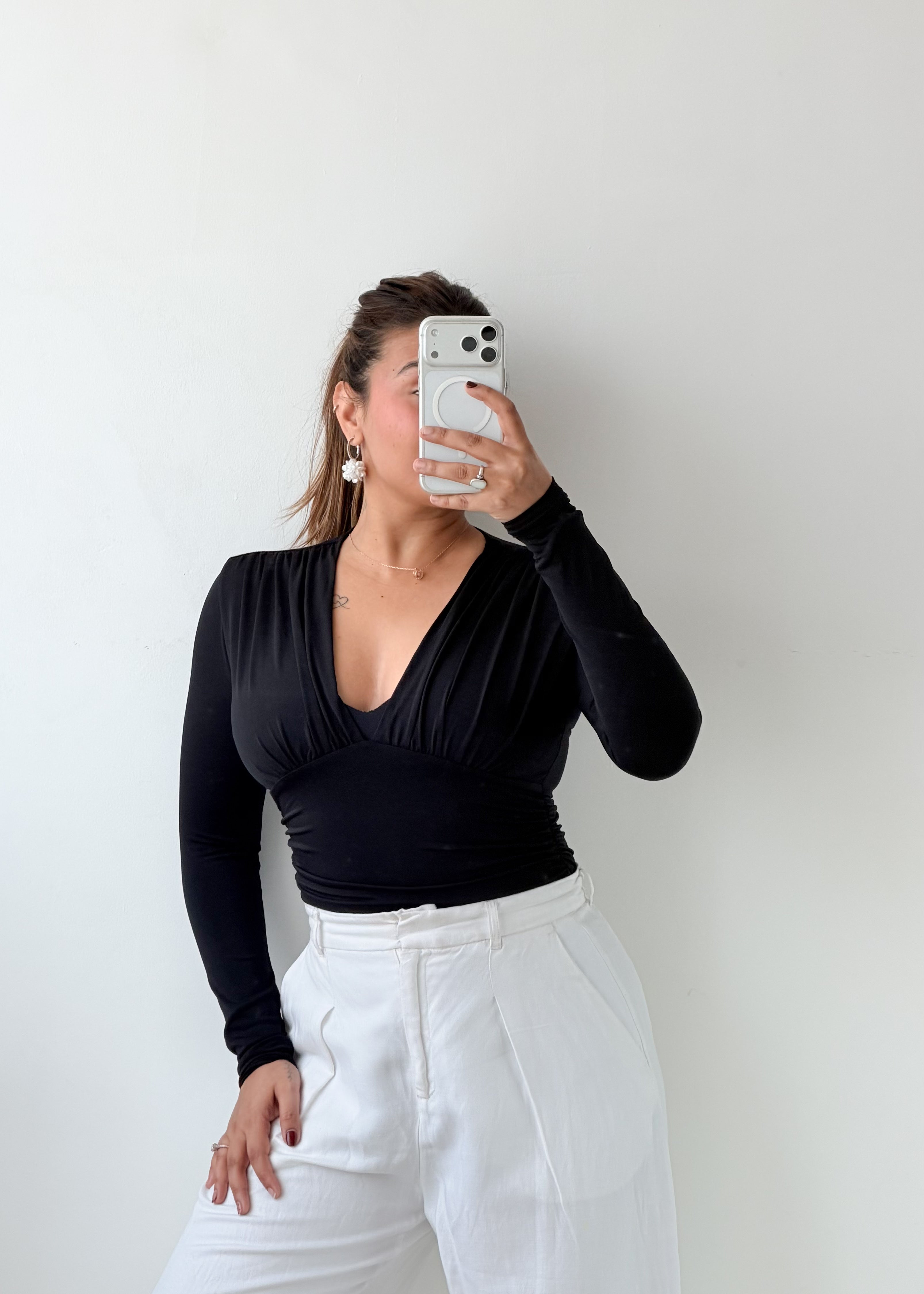 Size XS-S Black Ruched V-Neck Bodysuit
