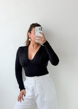 Size XS-S Black Ruched V-Neck Bodysuit
