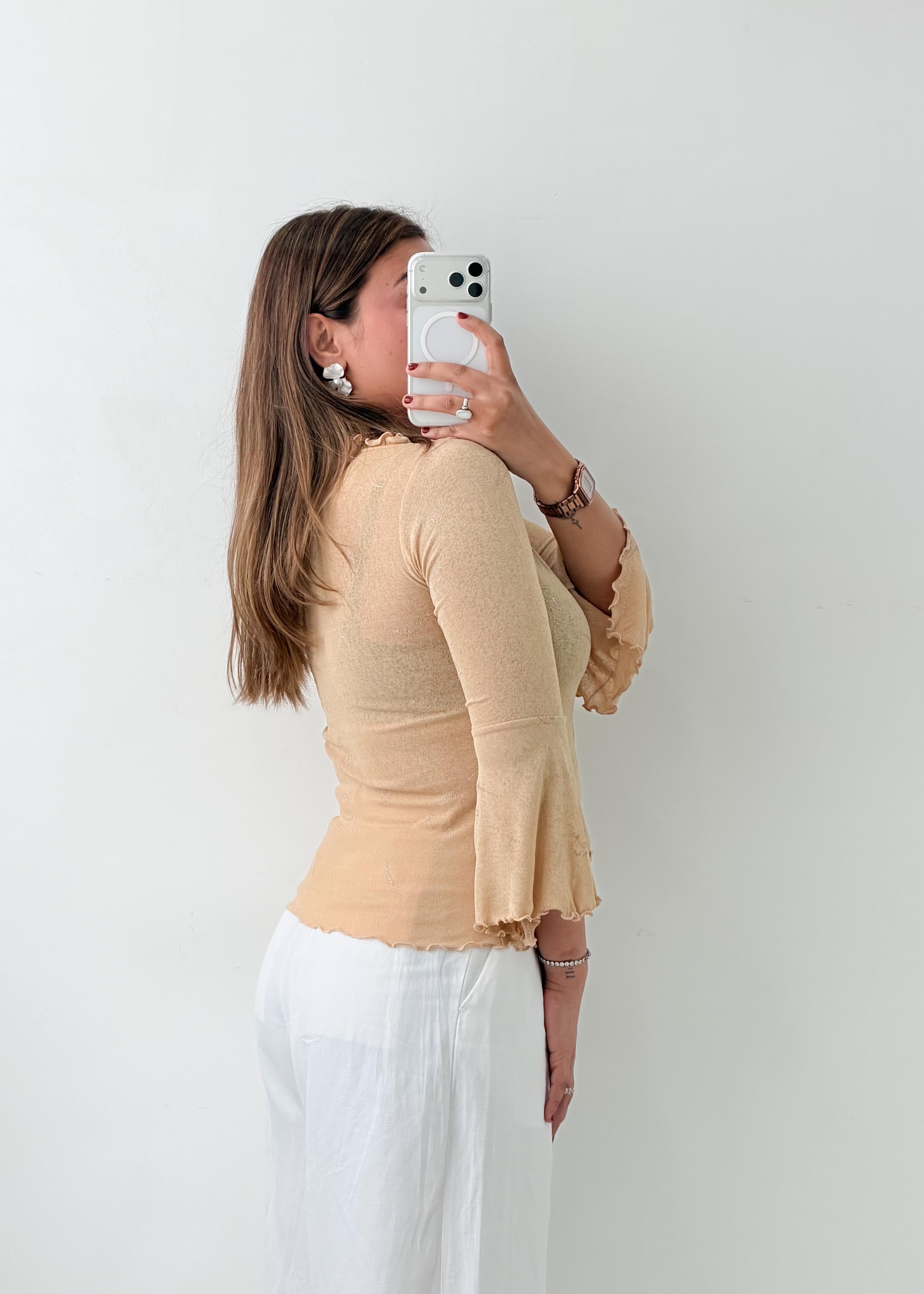Size S-M Beige Ruched Lace-Up Top