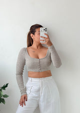 Size XS-S Grey Ribbed Button-Front Crop Top