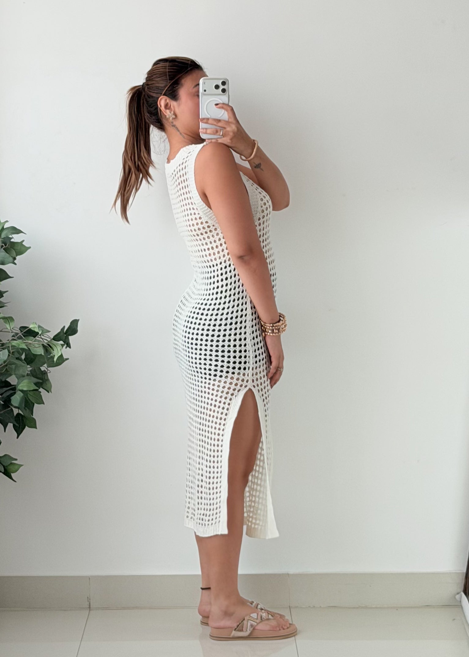 Size S-M White Open-Knit Crochet Midi Dress