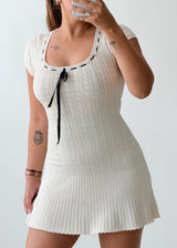 Size XS-S White Ribbed Bow Detail Mini Dress