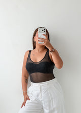 Size M-L Black Sheer Striped Bodysuit