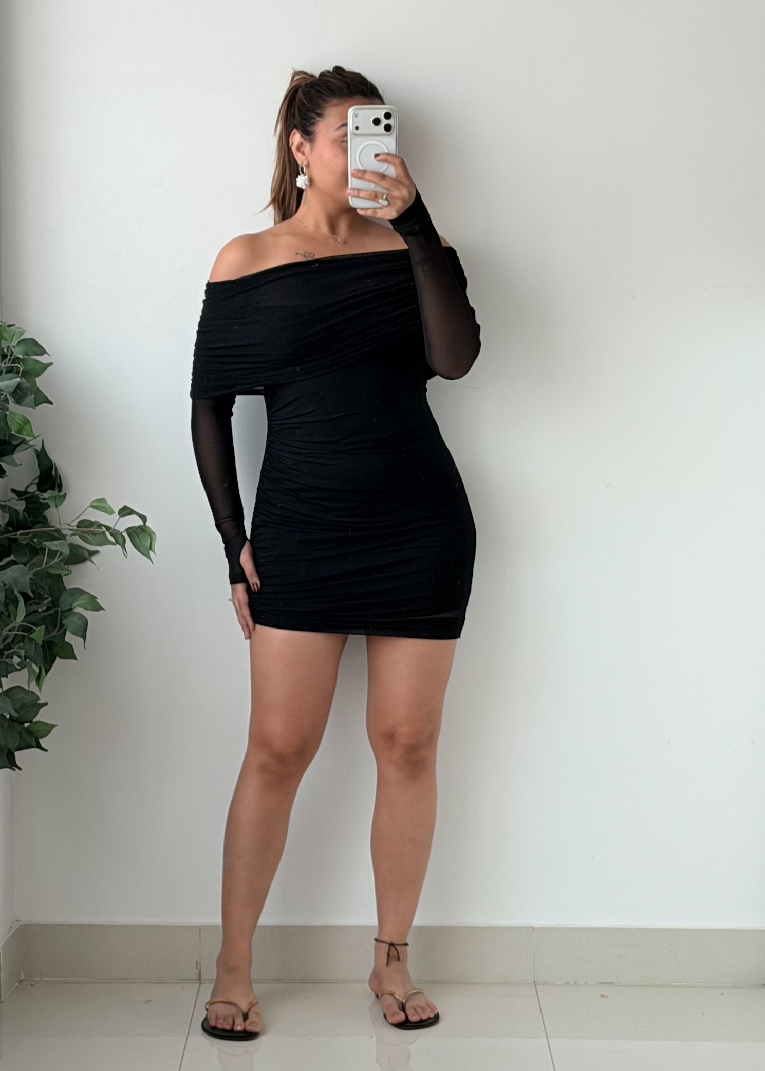 Size XS-M Black Off Shoulder Ruched Bodycon Mini Dress