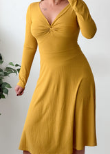 Size S-M Mustard Yellow Twist Front Flared Midi Dress