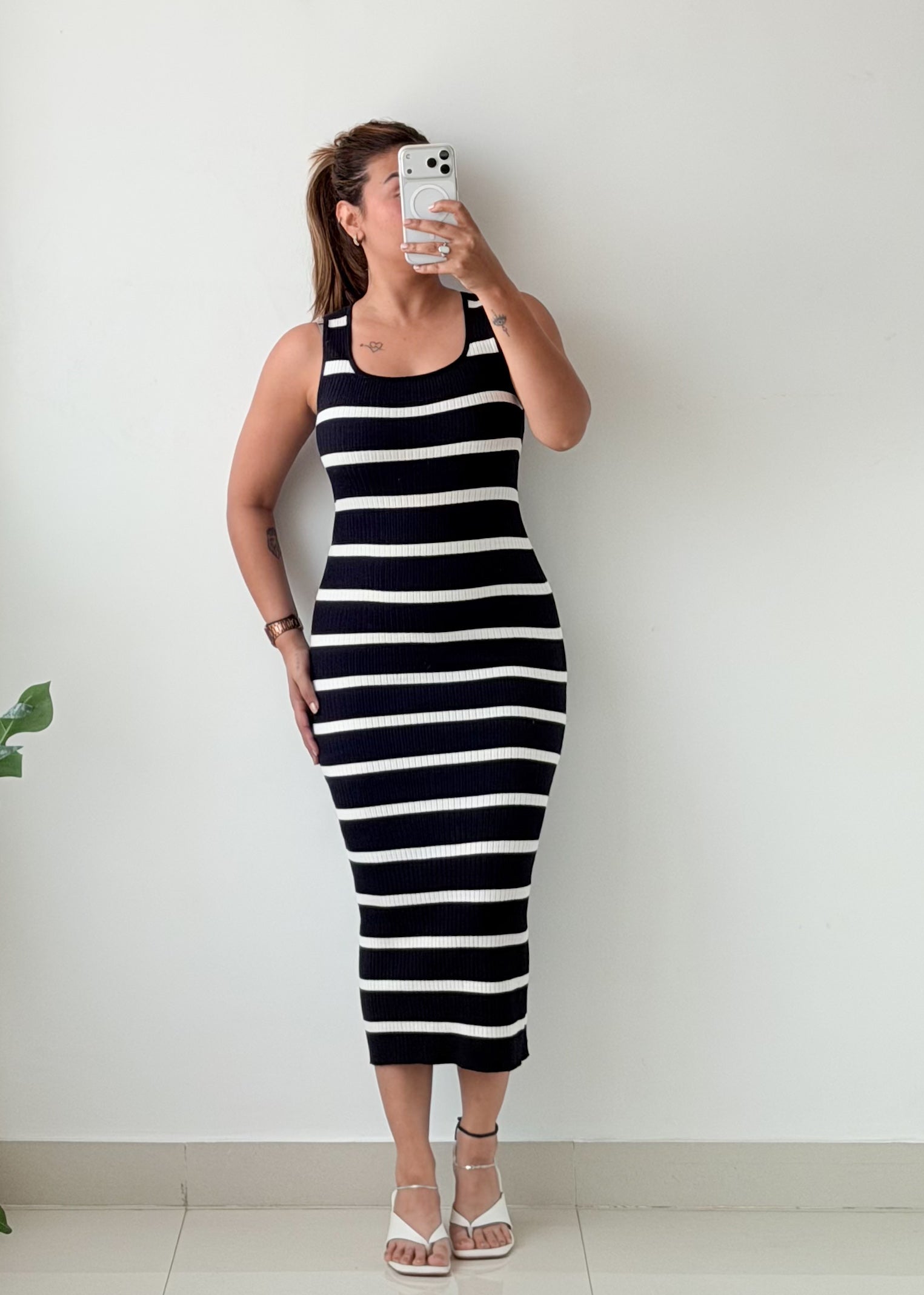 Size XS-S Black White Striped Ribbed Midi Dress