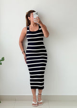 Size XS-S Black White Striped Ribbed Midi Dress