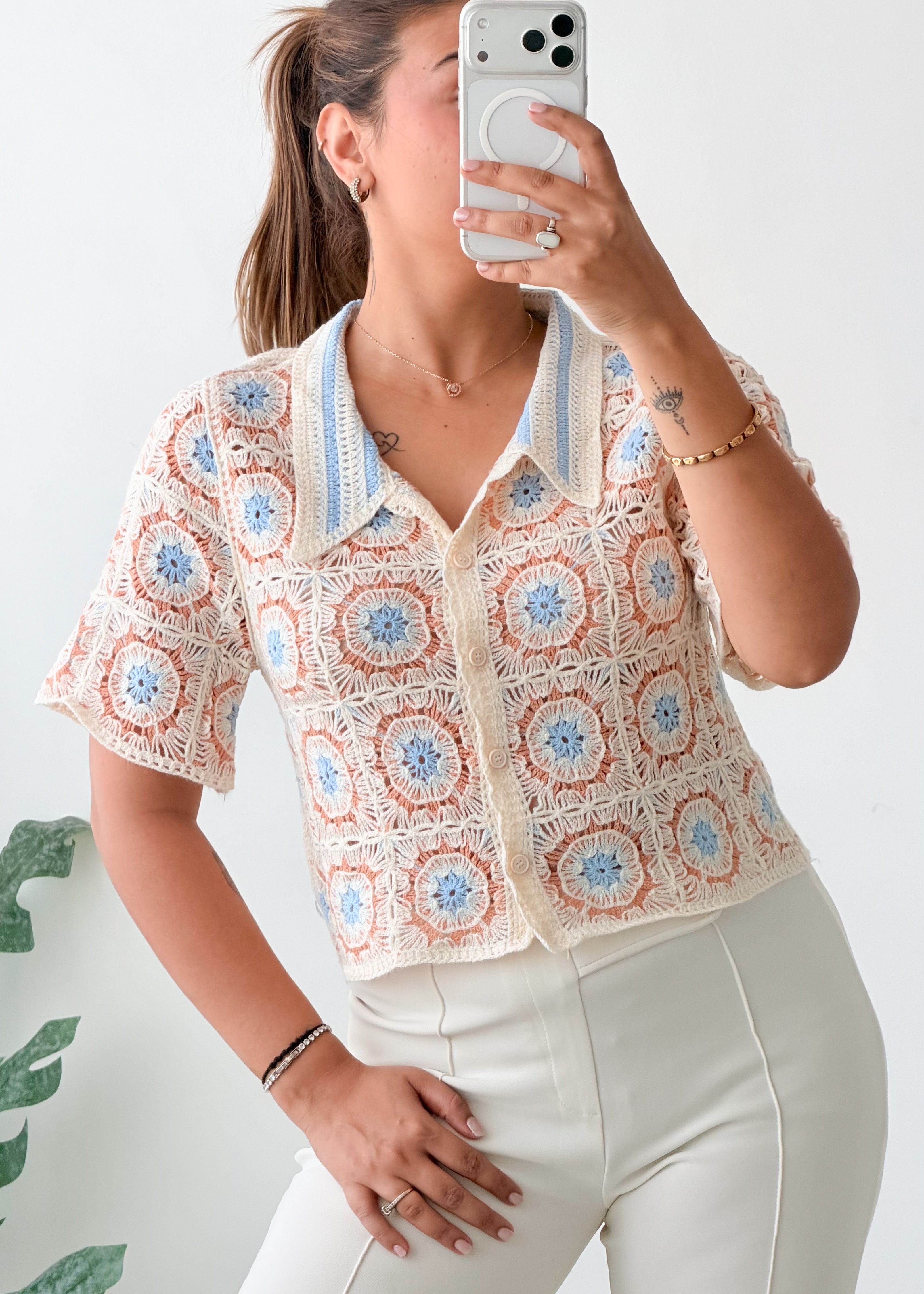 Size S-M White Blue Printed Crochet Shirt Top
