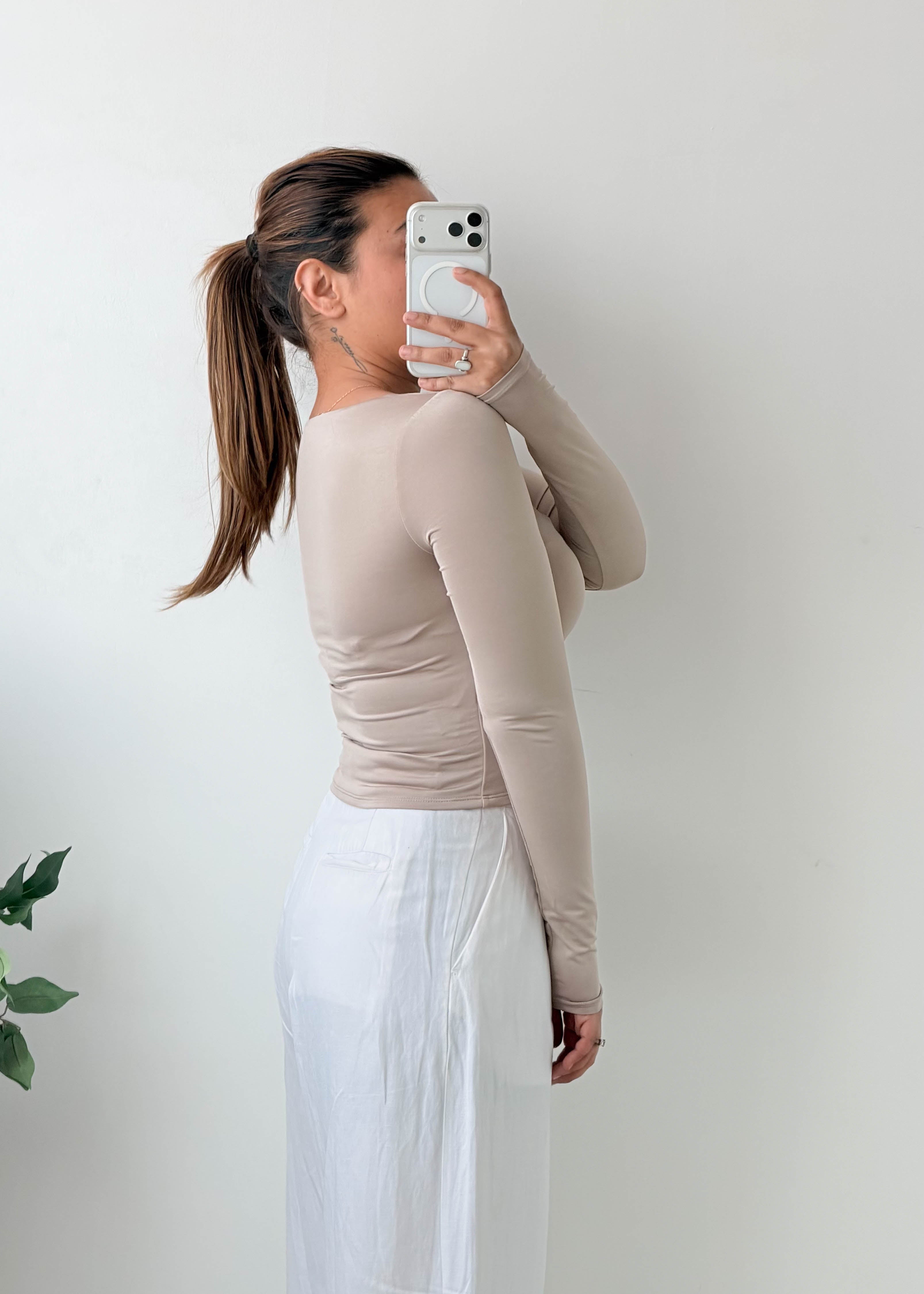 Size S-M Taupe Square Neck Fitted Top
