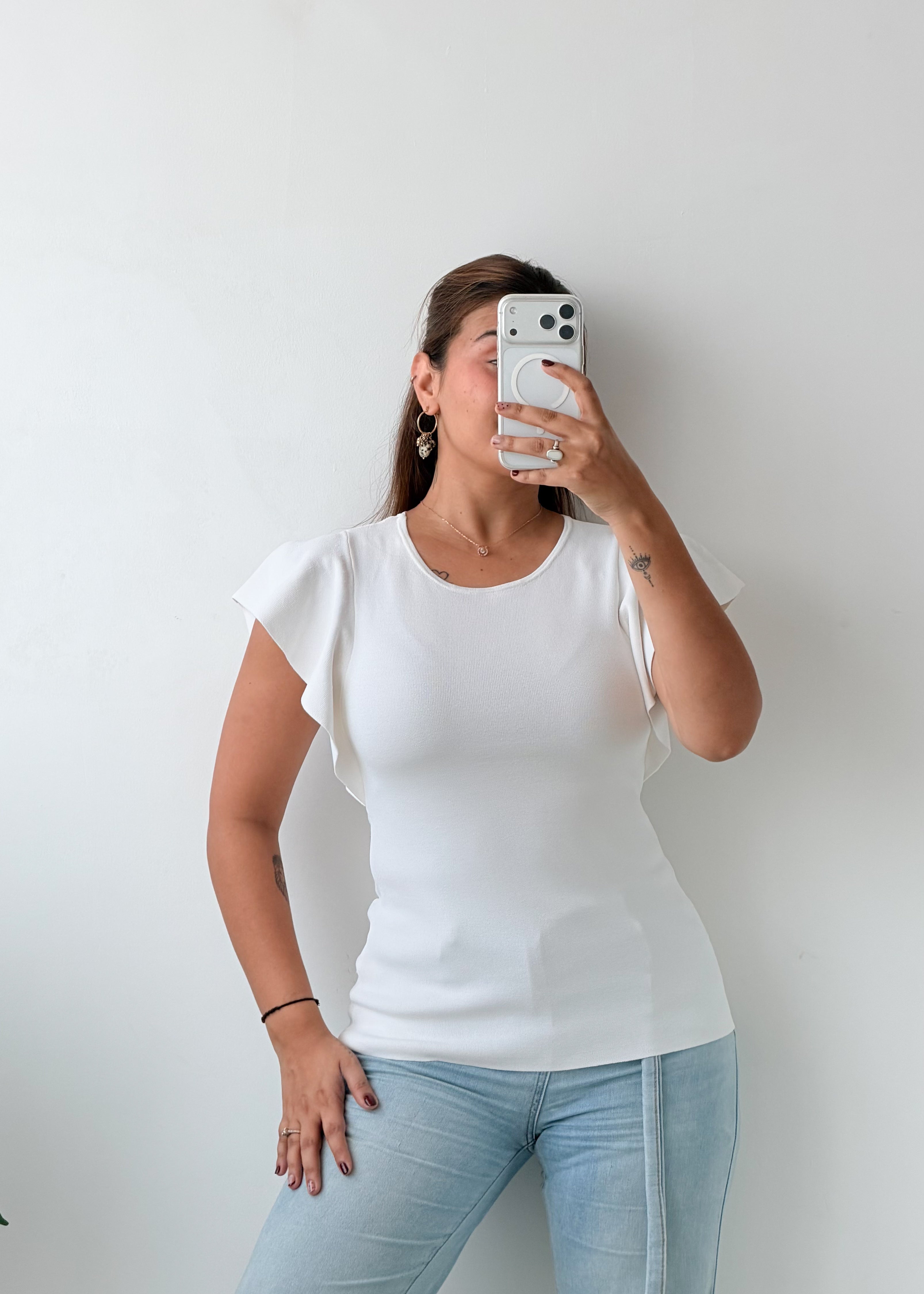 Size S-M White Ruffle Sleeve Top