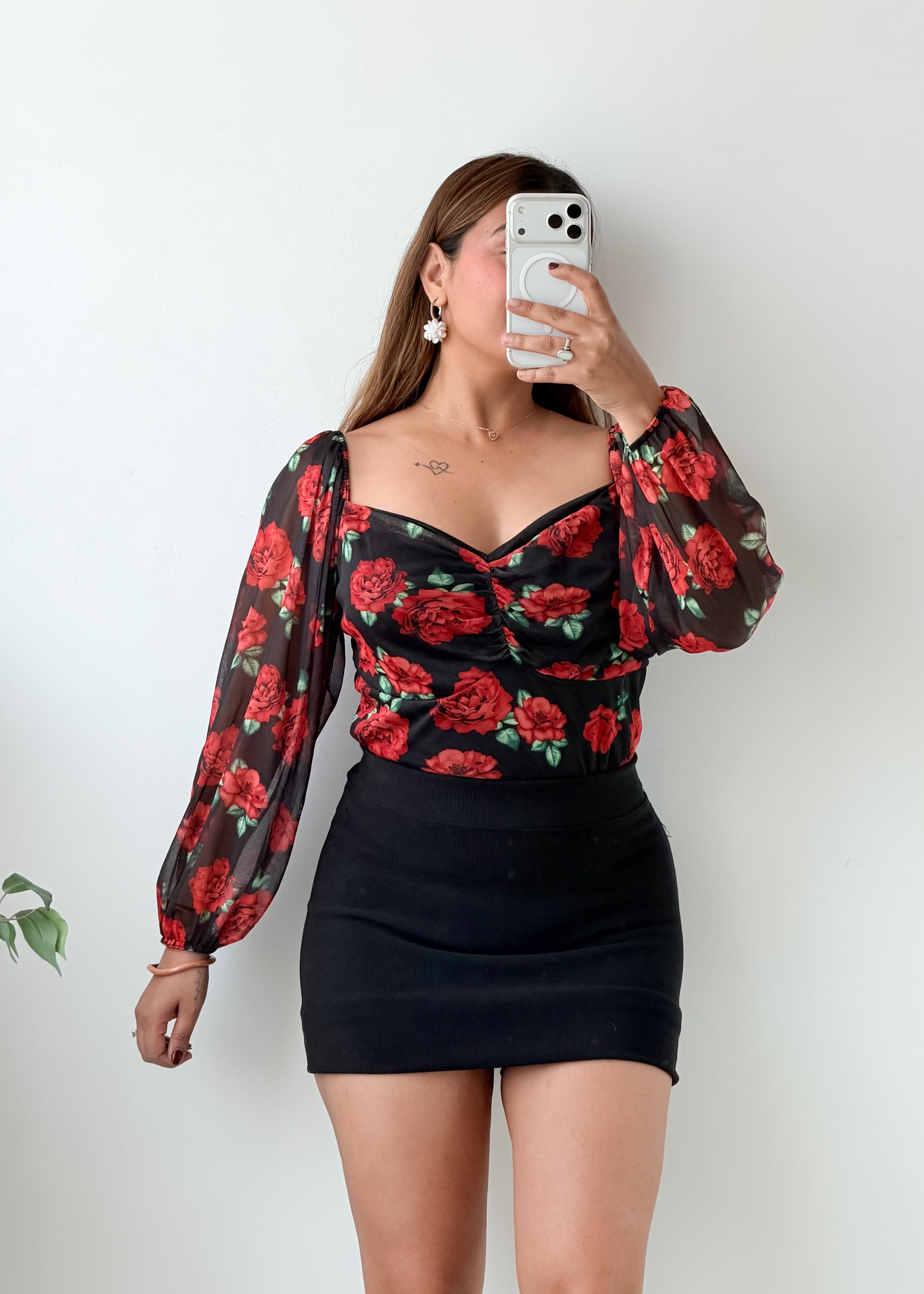 Size L-XL Black Floral Print Corset Bodysuit