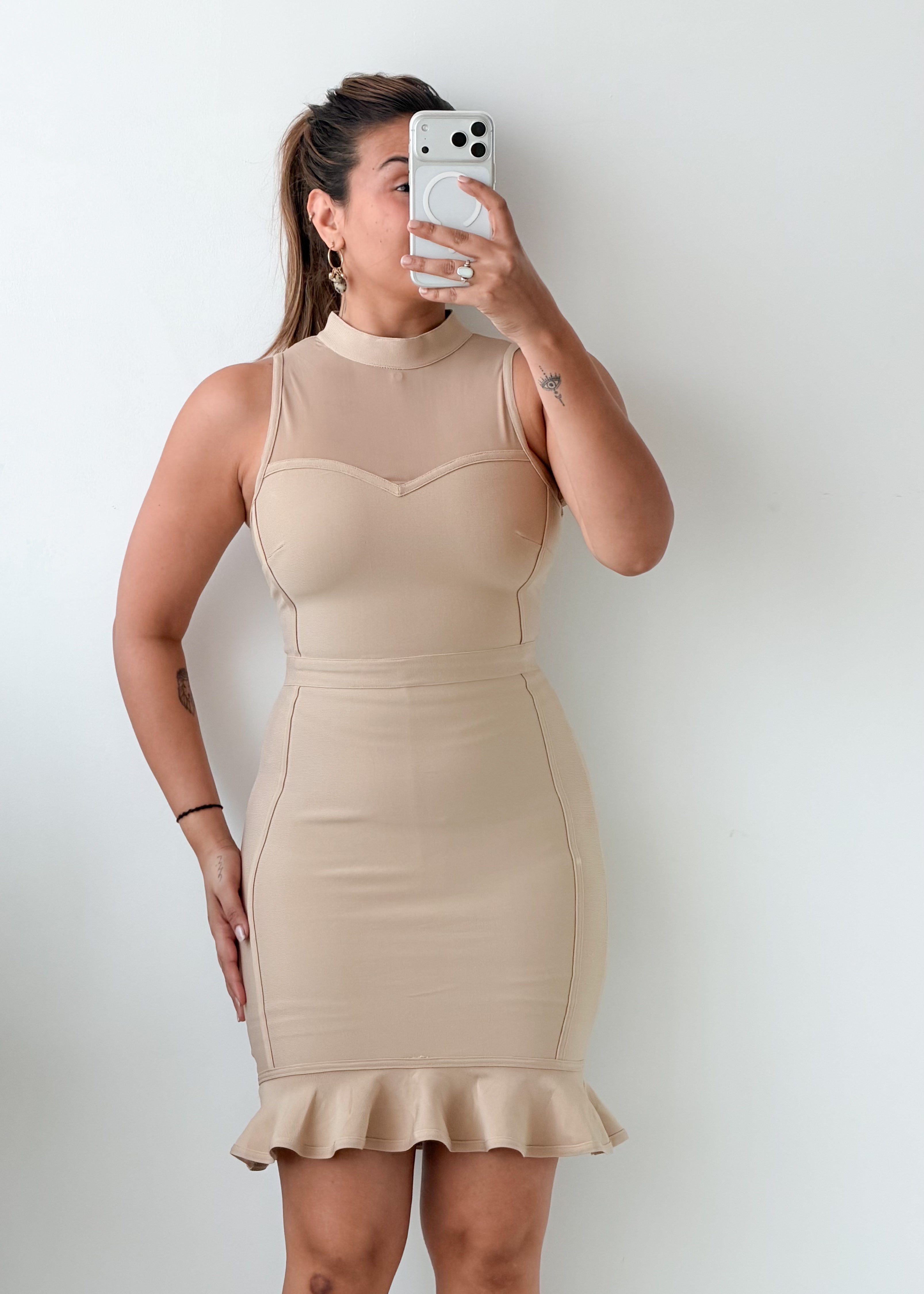 Size XS Beige Structured Ruffle Hem Mini Dress