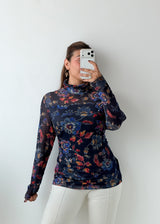 Size L-XL Navy Floral Printed High Neck Top