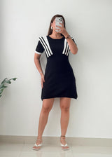 Size M-L Black White Striped Sleeve Mini Dress