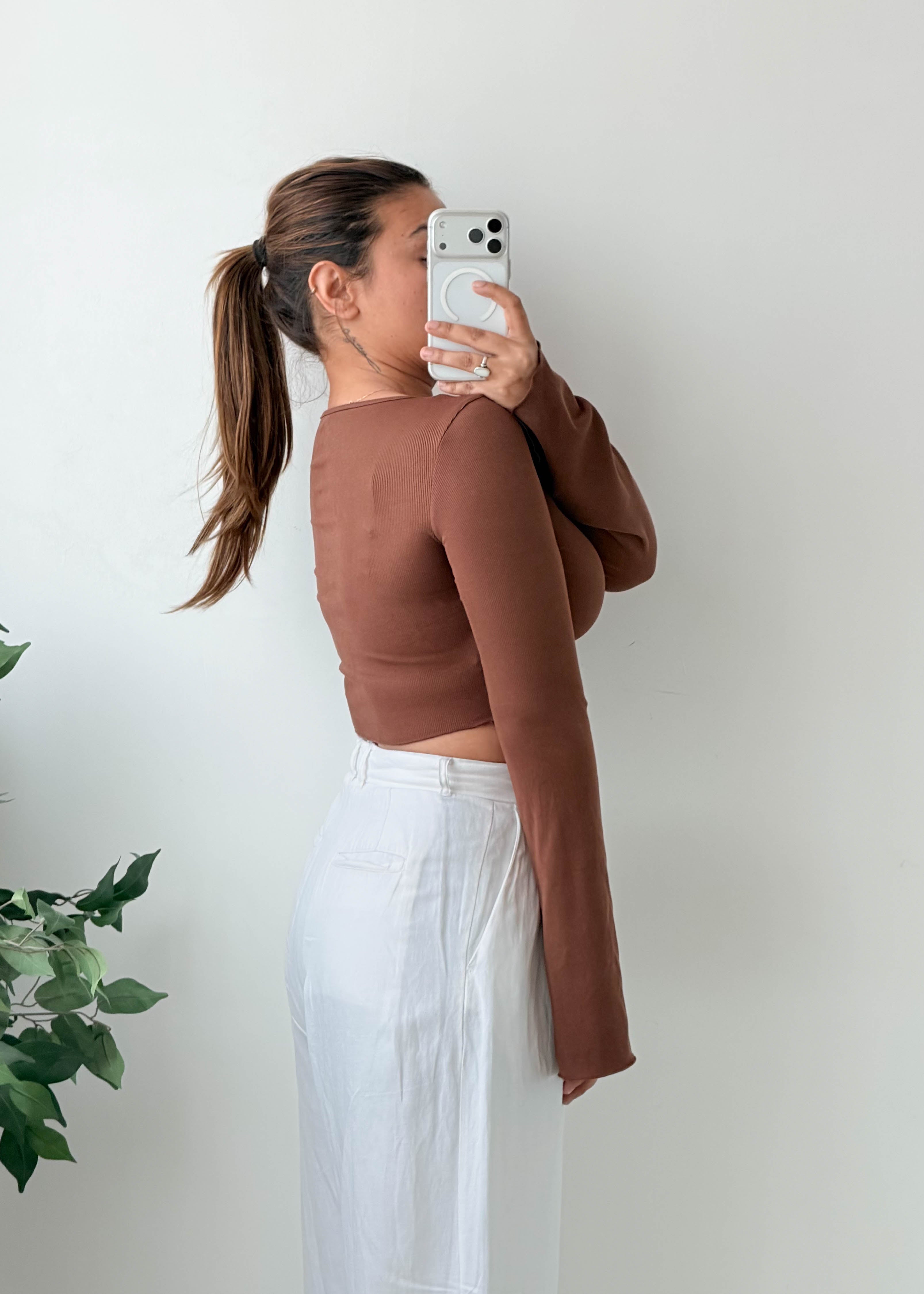 Size S-M Chocolate Brown Scoop Neck Crop Top