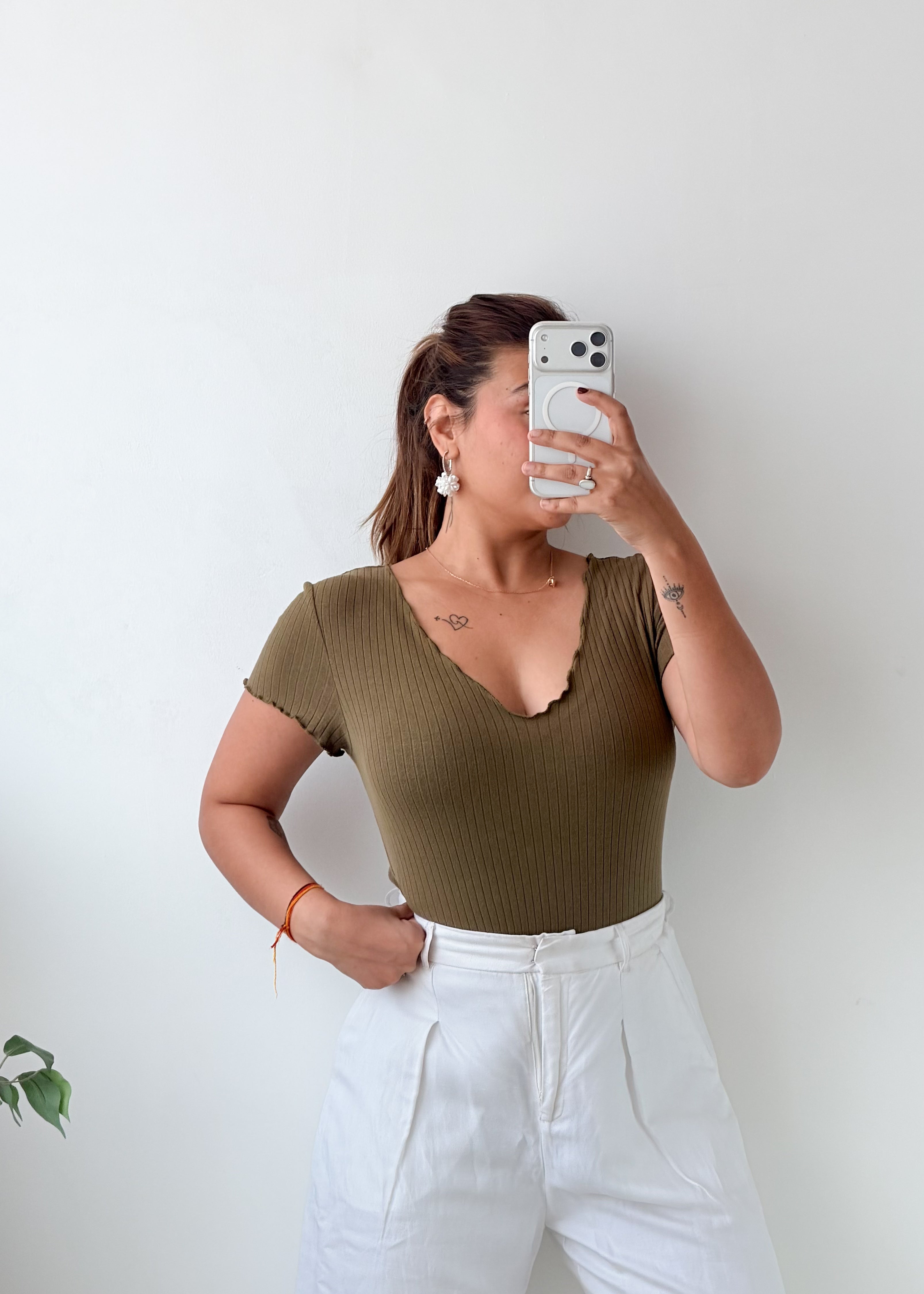 Size M-L Olive Green Notched Neck Bodysuit