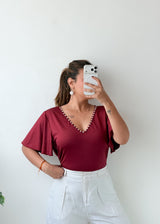 Size XL-2XL Wine Red Embellished V-Neck Bodysuit