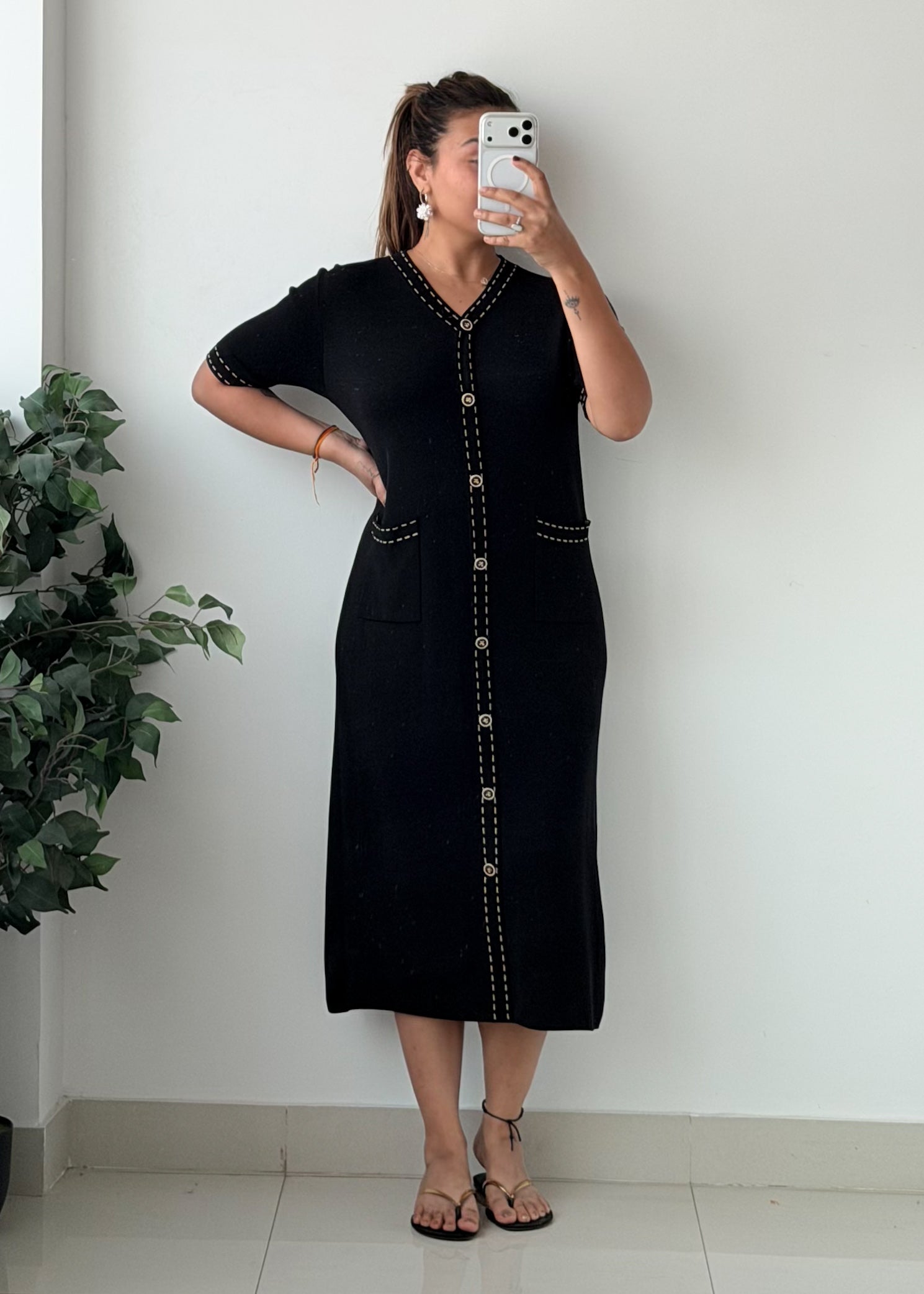 Size L-XL Black Button Front Midi Dress