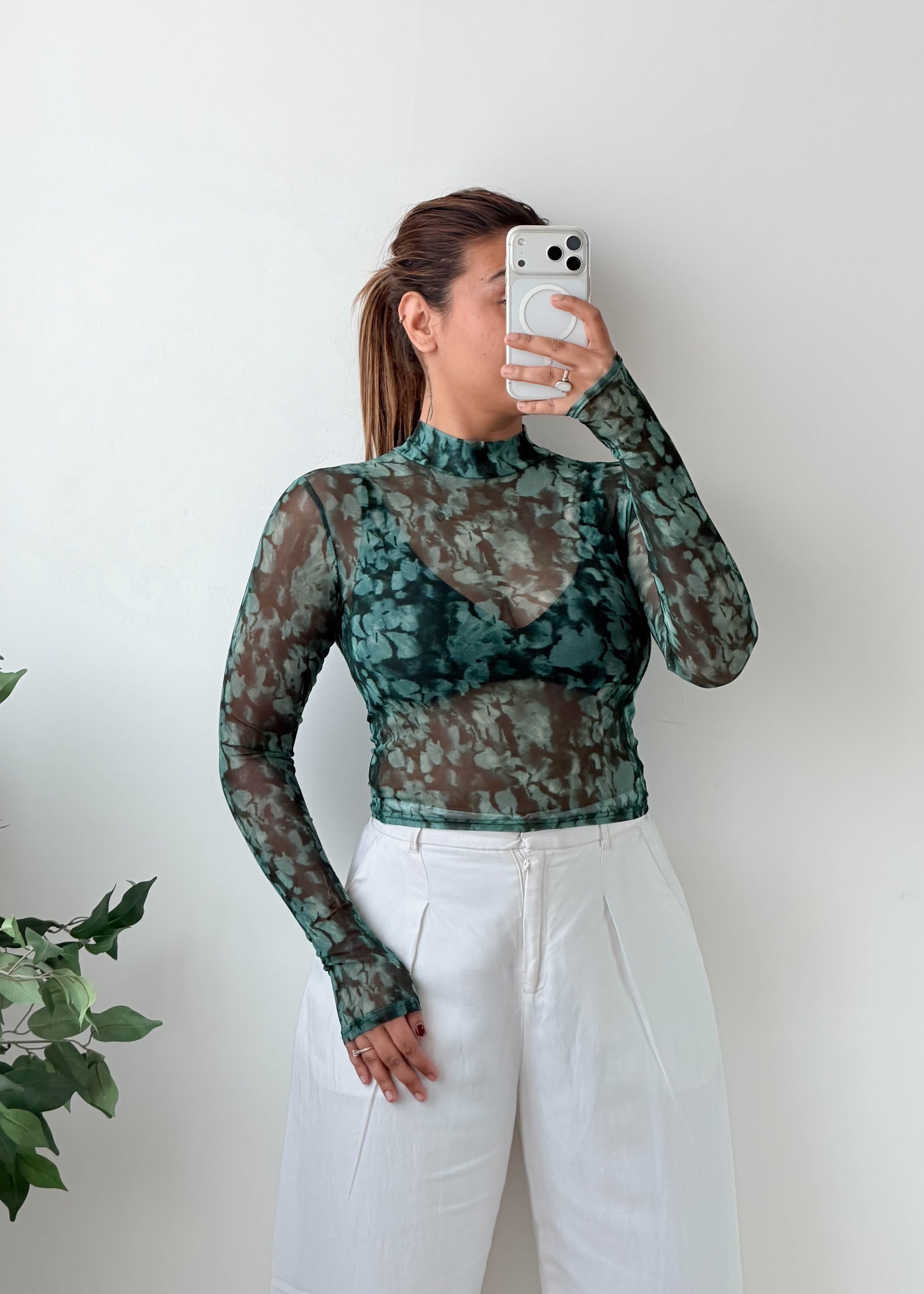 Size S-M Teal Printed Sheer Mesh Top