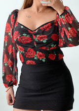 Size L-XL Black Floral Print Corset Bodysuit