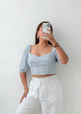 Size M Blue Floral Puff Sleeve Crop Top