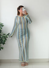 Size M-L Multicolor Striped Open-Back Maxi Dress