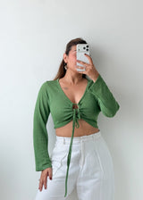 Size L-XL Green Ruched Tie-Front Crop Top