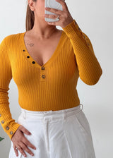 Size XS-S Mustard Yellow Ribbed Button-Front Top
