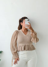 Size XS-S Beige Peplum V-Neck Top