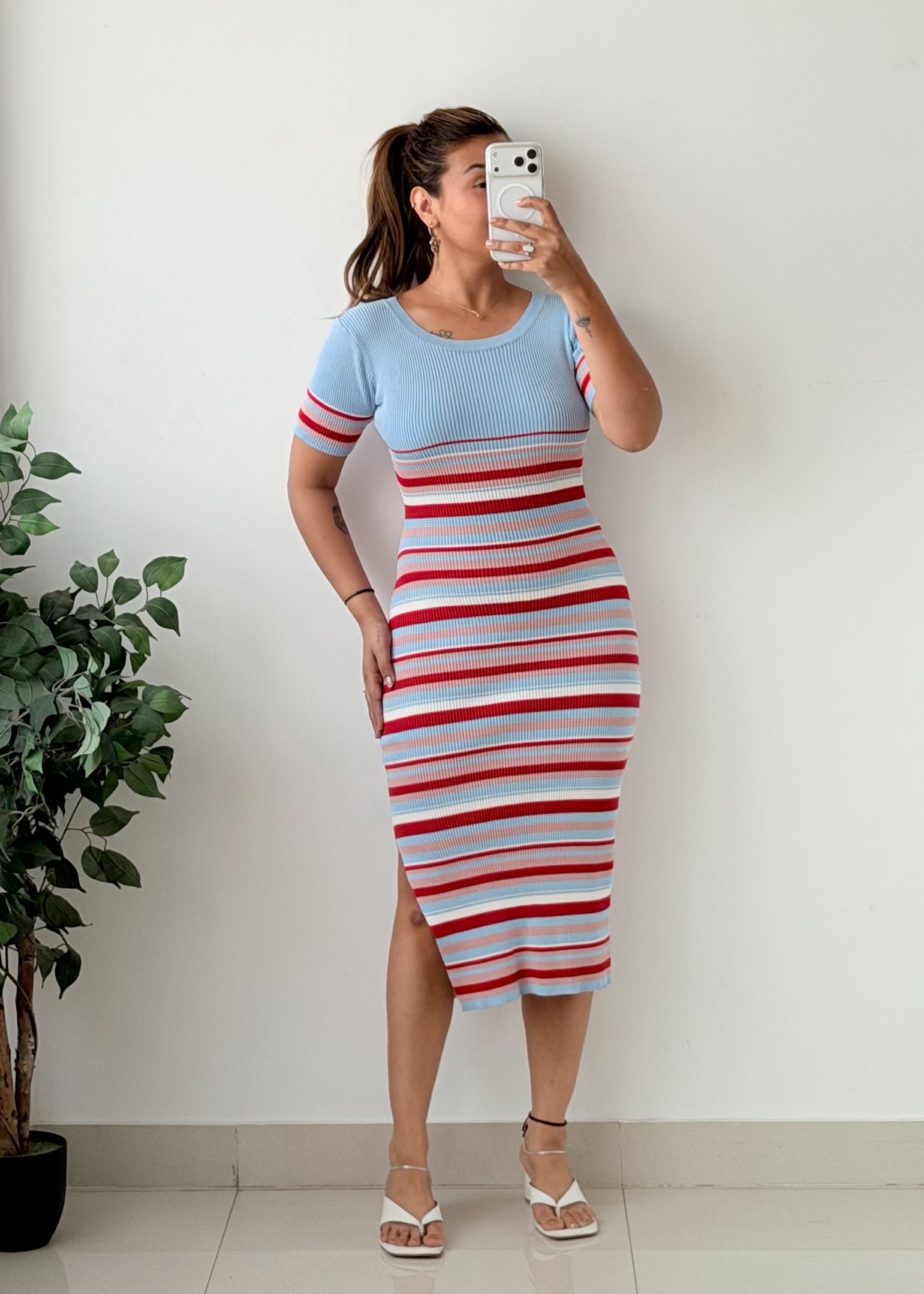 Size S-M Blue Red Striped Ribbed Midi Dress