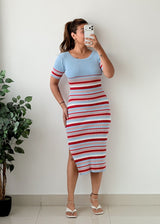 Size S-M Blue Red Striped Ribbed Midi Dress