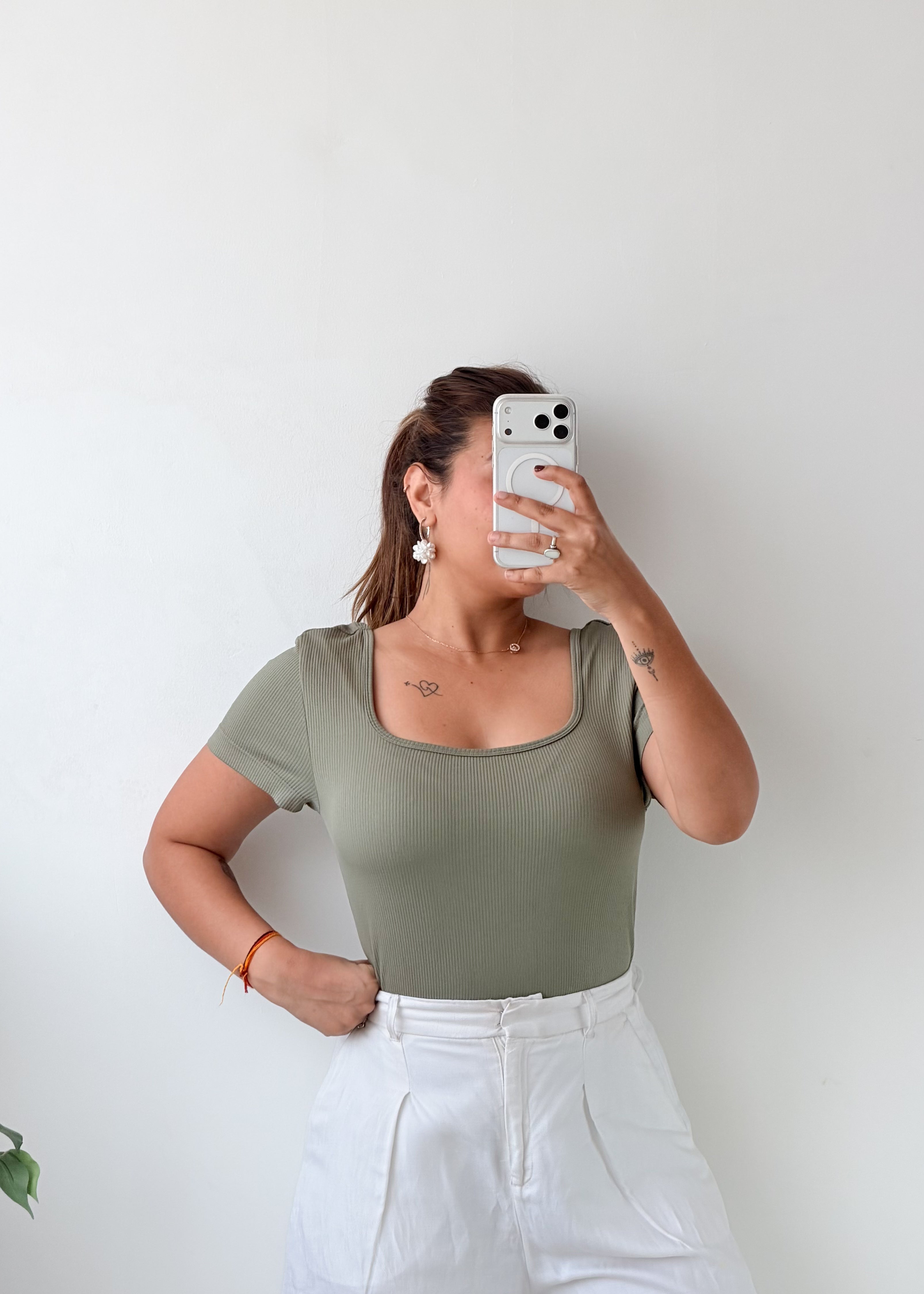 Size L-XL Olive Green Square Neck Bodysuit