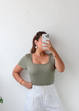 Size L-XL Olive Green Square Neck Bodysuit