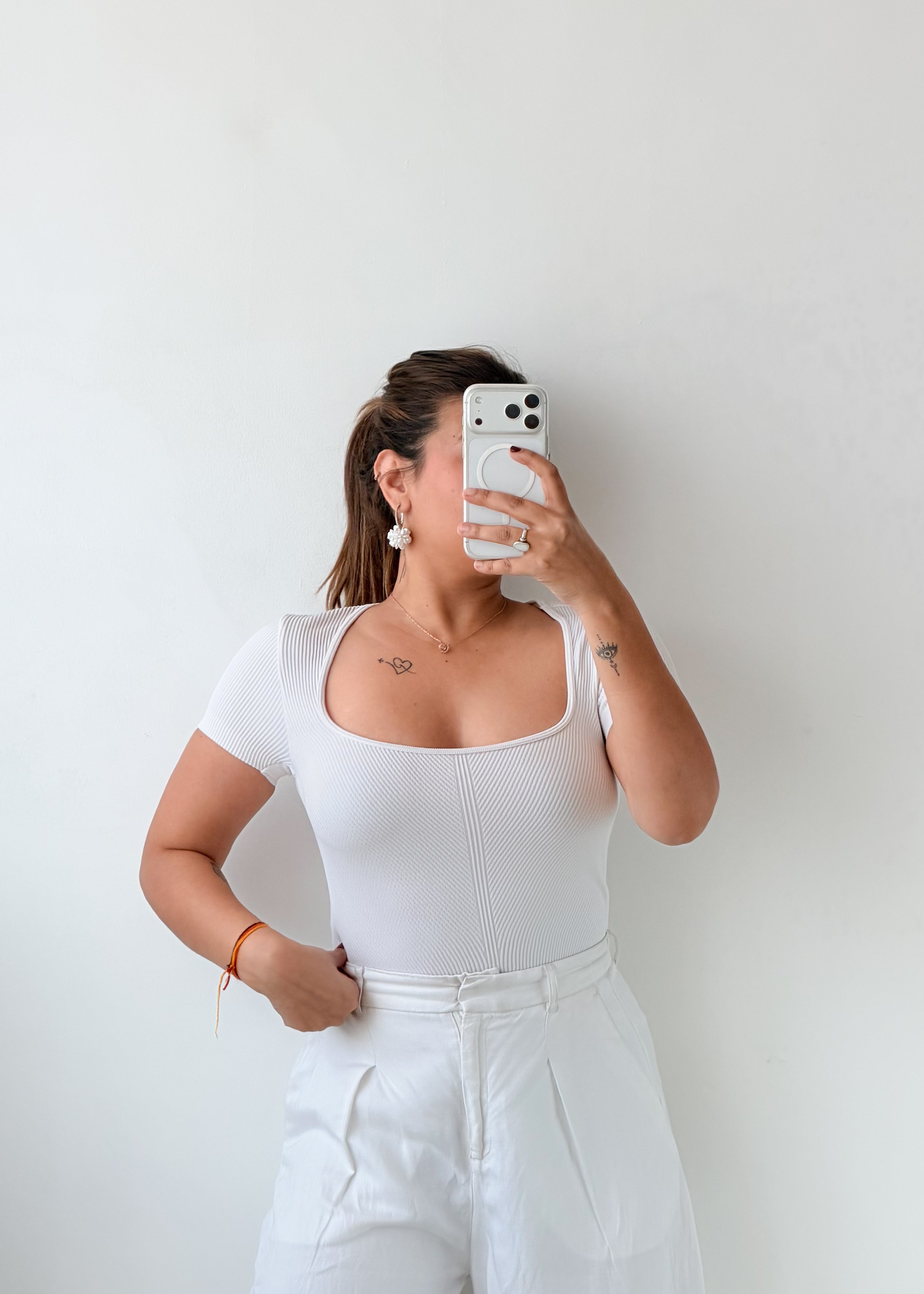 Size S-M White Square Neck Bodysuit