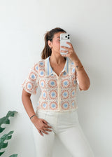 Size S-M White Blue Printed Crochet Shirt Top