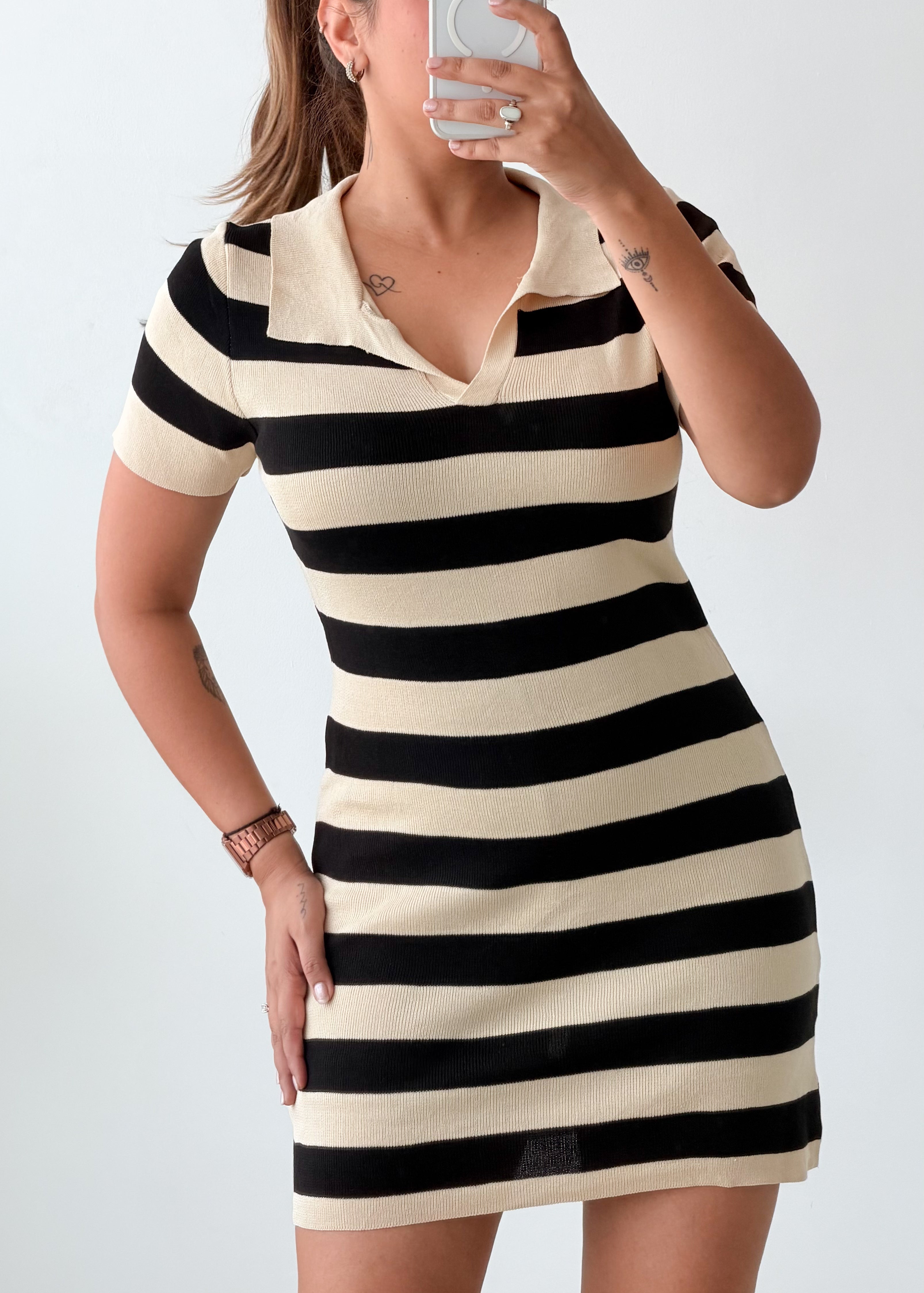 Size M-L Black Cream Striped Mini Dress