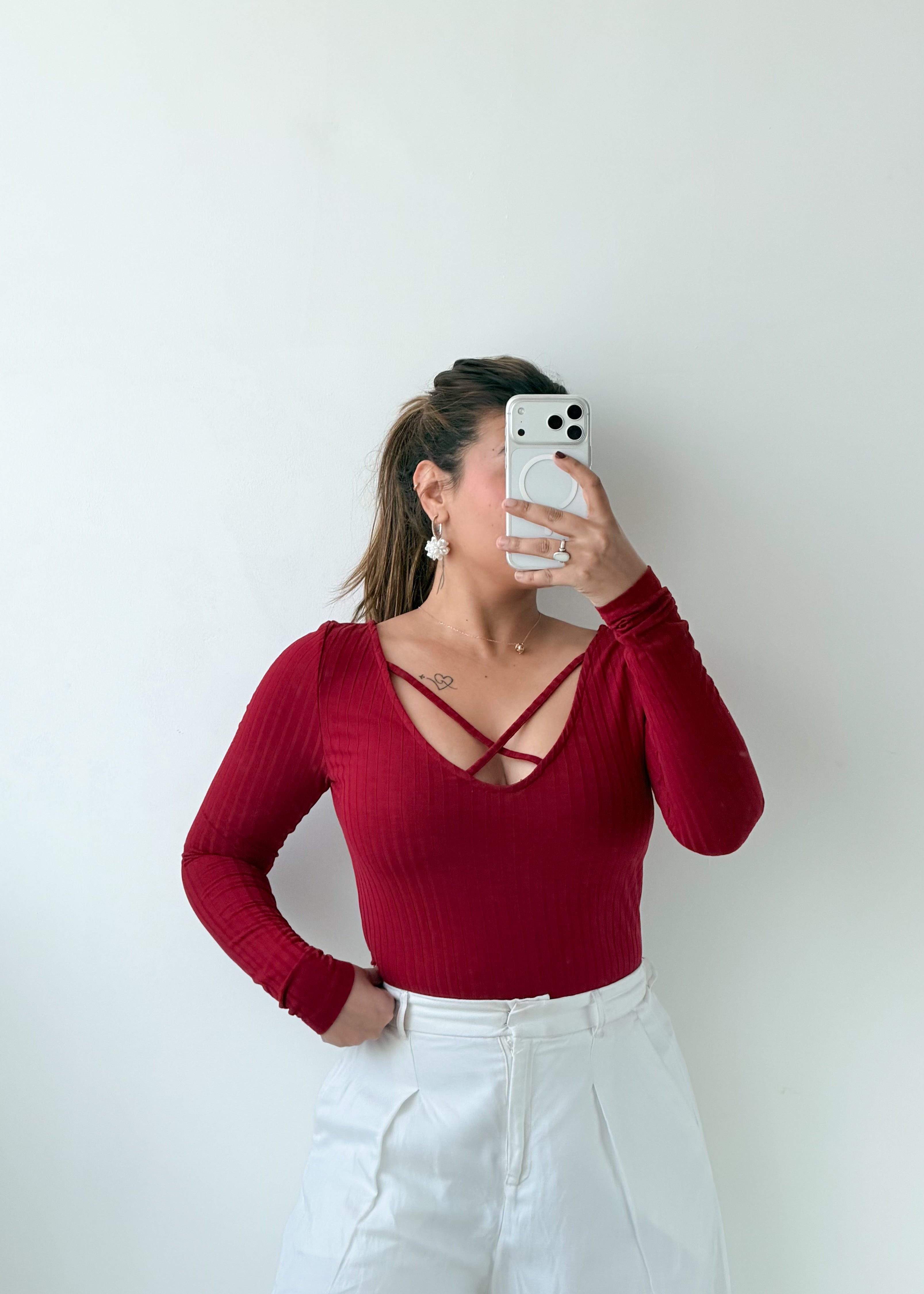 Size M-L Burgundy Crisscross Neck Ribbed Bodysuit