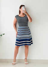 Size M-L Navy White Striped Fit Flare Dress